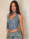 French Vintage Plaid Halter Tank Top Sexy Backless Ruched Camisole For Women Polyester Spandex Streetwear Slim Fit Crop Top With Matching Neck Band