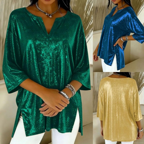 Women's Plus Size Sequin T-Shirt V-Neck 3/4 Sleeve Loose Glitter Top Side Slit Shiny Polyester Blouse For Party Club Streetwear