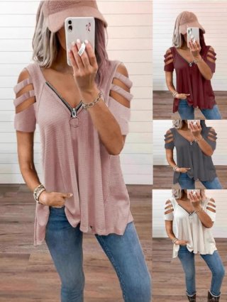 Women's Waffle Knit T-Shirt Sexy Zip V-Neck Off Shoulder Short Sleeve Top Casual Solid Color Streetwear Hollow Out Plus Size Women Clothing