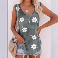 Women Summer Floral Print Sleeveless Vest Top Round Neck Button Decoration Daisy Pattern Casual Slim Fit Polyester Spandex Tank Top Daily Wear