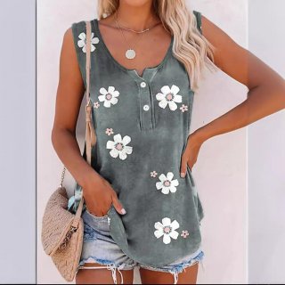Women Summer Floral Print Sleeveless Vest Top Round Neck Button Decoration Daisy Pattern Casual Slim Fit Polyester Spandex Tank Top Daily Wear