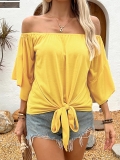 Women's Off-Shoulder T-Shirt Casual Solid Color Top With Front Tie Knot Short Bell Sleeve Summer Vacation Elegant Blouse For Women Polyester Spandex