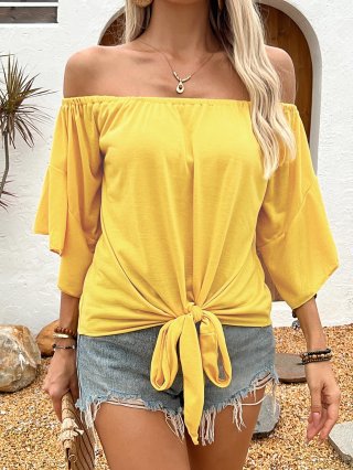 Women's Off-Shoulder T-Shirt Casual Solid Color Top With Front Tie Knot Short Bell Sleeve Summer Vacation Elegant Blouse For Women Polyester Spandex