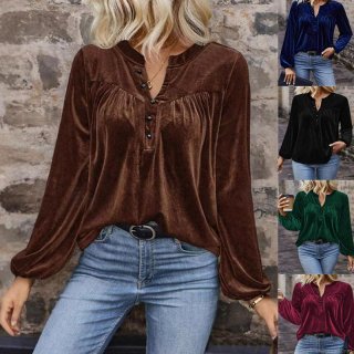 Women's Elegant Velvet V Neck Button Top Casual Long Sleeve Lantern Sleeve Blouse Soft Plain Color Loose Fit Shirt for Spring Fall