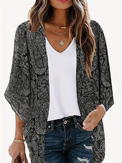 Women's Summer Paisley Print Chiffon Cardigan Loose Casual Open Front 3/4 Sleeve Kimono Cover Up Shirt Long Tops