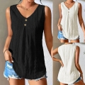 Women Summer V-Neck Sleeveless Tank Top Hollow Out Jacquard Loose Knit Vest With Button Decoration Casual Daily Vacation Plus Size Streetwear Top