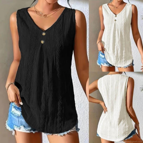 Women Summer V-Neck Sleeveless Tank Top Hollow Out Jacquard Loose Knit Vest With Button Decoration Casual Daily Vacation Plus Size Streetwear Top