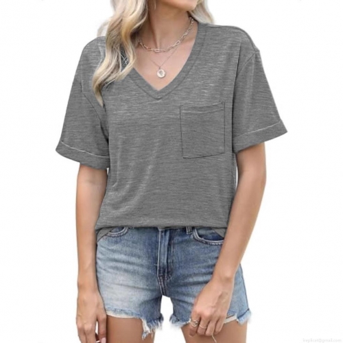 Women's V-Neck Short Sleeve Pocket T-Shirt Casual Loose Summer Heather Grey Polyester Spandex Plus Size Soft Comfortable Basic Tee Top
