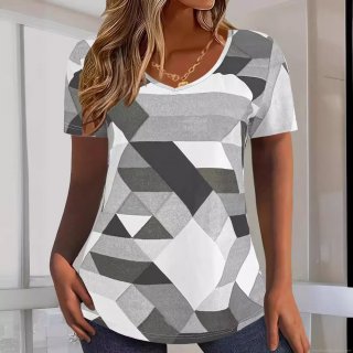 Plus Size Women's T-Shirt Geometric Digital Print V-Neck Short Sleeve Top Loose Casual Polyester Spandex Blend Tee For Summer Daily Wear