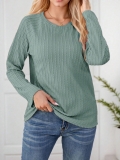 Women's Casual Long Sleeve Knit T-Shirt Sage Green Round Neck Ribbed Texture Pullover Top Solid Color Autumn Winter Fashion Clothing For Daily Wear