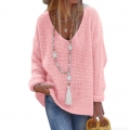 Women's Oversized V-Neck Knitted Sweater Soft Acrylic Pullover Long Sleeve Crochet Knit Jumper Solid Color Casual Loose Tops For Spring Autumn Winter