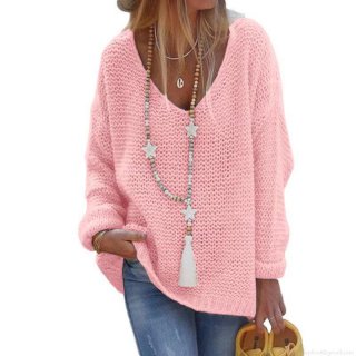 Women's Oversized V-Neck Knitted Sweater Soft Acrylic Pullover Long Sleeve Crochet Knit Jumper Solid Color Casual Loose Tops For Spring Autumn Winter