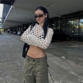 Women Sexy Hollow Out Crochet Knit Crop Top Long Sleeve See Through Mesh T-Shirt Y2K Aesthetic Streetwear Club Party Summer Cover Up