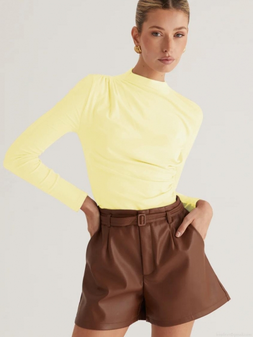 Women's Y2K Pleated Mock Neck T-Shirt Viscose Spandex Slim Fit Long Sleeve Solid Color Top Elegant Commute Tee For Office Daily Wear