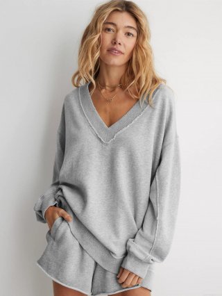 Women's Casual Oversized V Neck Sweatshirt Knitted Long Sleeve Pullover Loose Streetwear Solid Color Jumper Top