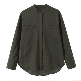 Women's Fashion Striped Stand Collar Shirt Loose Long Sleeve Polyester Blouse With Double Pockets Casual Office Top