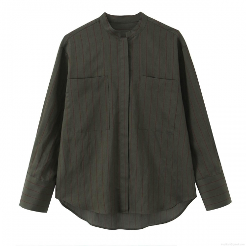 Women's Fashion Striped Stand Collar Shirt Loose Long Sleeve Polyester Blouse With Double Pockets Casual Office Top