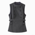 Women's Elegant Slim Fit Double Breasted Sleeveless Top Polyester Mock Neck Solid Color Grey Vest With Side Cutout Straps For Office Commuting Party Lady Fashion