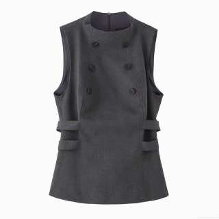 Women's Elegant Slim Fit Double Breasted Sleeveless Top Polyester Mock Neck Solid Color Grey Vest With Side Cutout Straps For Office Commuting Party Lady Fashion