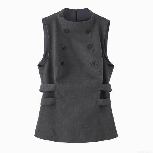 Women's Elegant Slim Fit Double Breasted Sleeveless Top Polyester Mock Neck Solid Color Grey Vest With Side Cutout Straps For Office Commuting Party Lady Fashion