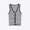 Women's Fashion Knitted Striped Vest Sleeveless V-Neck Slim Fit Tank Top With Buttons Casual Ribbed Waistcoat For Daily Wear
