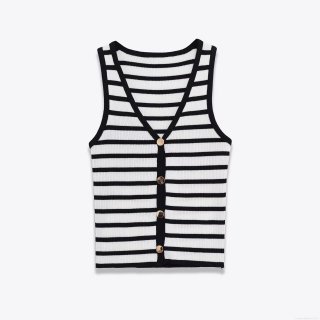 Women's Fashion Knitted Striped Vest Sleeveless V-Neck Slim Fit Tank Top With Buttons Casual Ribbed Waistcoat For Daily Wear
