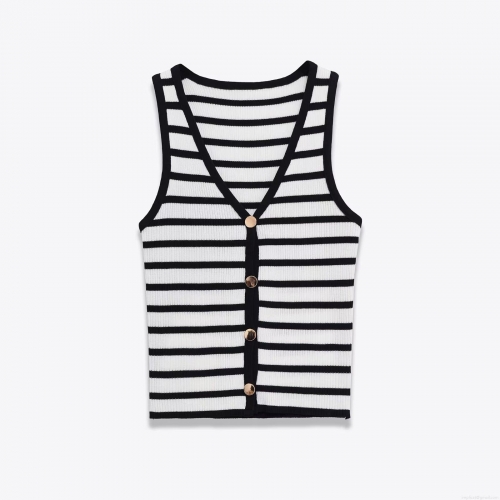 Women's Fashion Knitted Striped Vest Sleeveless V-Neck Slim Fit Tank Top With Buttons Casual Ribbed Waistcoat For Daily Wear