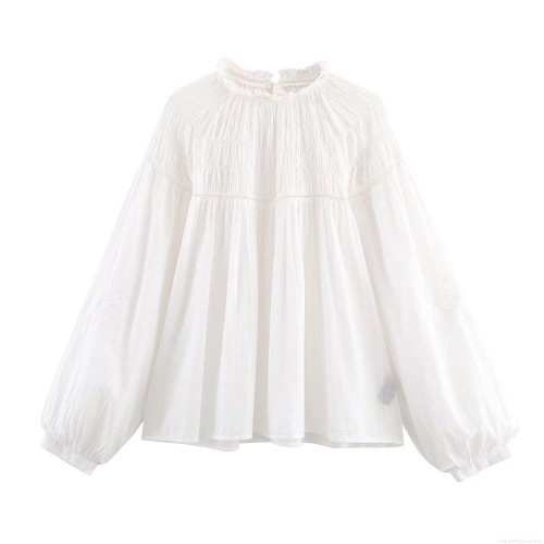 Women's Sweet Elegant Combed Cotton Blouse With Embroidery Ruffle High Neck Puff Sleeve Loose Pleated Solid White Casual Shirt Top