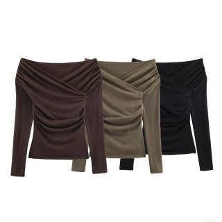 Women's Sexy Ruched Off Shoulder Long Sleeve Top Elegant Wrap Front Slim Fit Knitting T-Shirt For Daily Party Streetwear