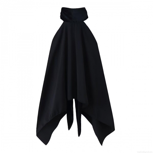 Women Sexy Halter Neck Asymmetric Hem Top Elegant Velvet Patchwork Scarf Collar Backless Sleeveless Blouse For Party Clubwear Solid Black Slim Fit Shirt