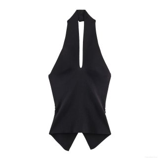 Women Sexy Backless Halter Knit Top With Ruched Button Front Detail Polyester Spandex Sleeveless Slim Fit Crop Top For Party Vacation Daily Wear