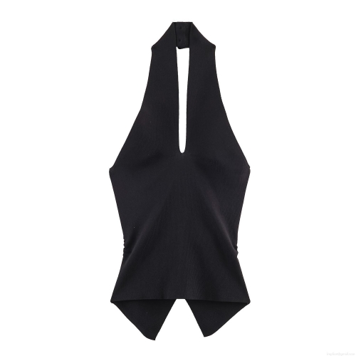 Women Sexy Backless Halter Knit Top With Ruched Button Front Detail Polyester Spandex Sleeveless Slim Fit Crop Top For Party Vacation Daily Wear