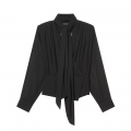Women's Elegant Pearl Chiffon Blouse Black Long Sleeve Tie Scarf Collar Bow Draped Pleated Shirt Office Commute Casual Top