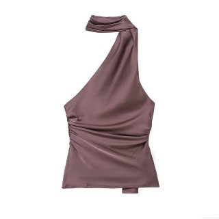 Women's Sexy Halter Neck Backless Scarf Top Satin Silk Asymmetric Ruched Sleeveless Elegant Party Clubwear Camisole With Long Streamer For Ladies