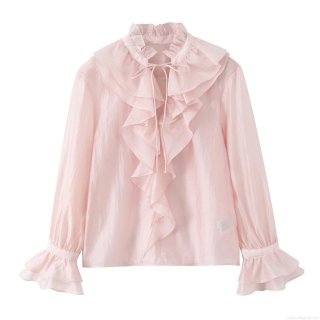 Women's Elegant Pink Ruffle Long Sleeve Blouse Loose Sweet Shirt With Tie Collar For Daily Dating Ladies Fashion Tops