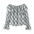 Women's Off Shoulder Gingham Blouse Long Sleeve Ruffle Trim Tie Cuff Checked Crop Top Loose Casual Flare Sleeve Shirt