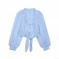 Women's Sweet Gingham Blouse Long Lantern Sleeve Ruffle V-Neck Tie-Up Hem Polyester Button Down Shirt Casual Spring Autumn Top For Women