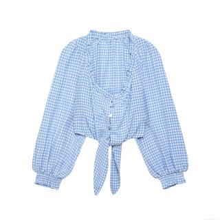 Women's Sweet Gingham Blouse Long Lantern Sleeve Ruffle V-Neck Tie-Up Hem Polyester Button Down Shirt Casual Spring Autumn Top For Women