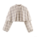 Women Fashion Plaid Blouse Long Sleeve Round Neck Short Crop Top Gingham Layered Casual Shirt Sweet Style Clothing For Lady Daily Wear