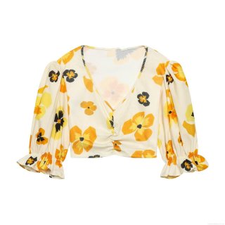 Women's Floral Print V-Neck Puff Sleeve Crop Top 100% Polyester Rib Knit Short Blouse With Ruffle Cuffs For Vacation Summer Party Sexy Slim Fit Shirt