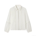 Women Sweet Lace Embroidery Long Sleeve Blouse Loose Turn-down Collar Solid White Polyester Spandex Shirt Casual Chic Tops For Daily Dating Women