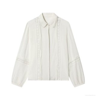 Women Sweet Lace Embroidery Long Sleeve Blouse Loose Turn-down Collar Solid White Polyester Spandex Shirt Casual Chic Tops For Daily Dating Women