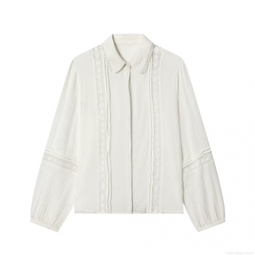Women Sweet Lace Embroidery Long Sleeve Blouse Loose Turn-down Collar Solid White Polyester Spandex Shirt Casual Chic Tops For Daily Dating Women