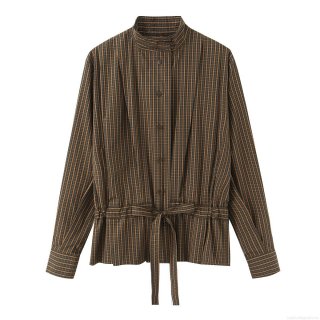 Women's Retro Plaid Stand Collar Long Sleeve Blouse With Bow Tie Decoration Fashion Casual Button Down Shirt For Women Daily Wear