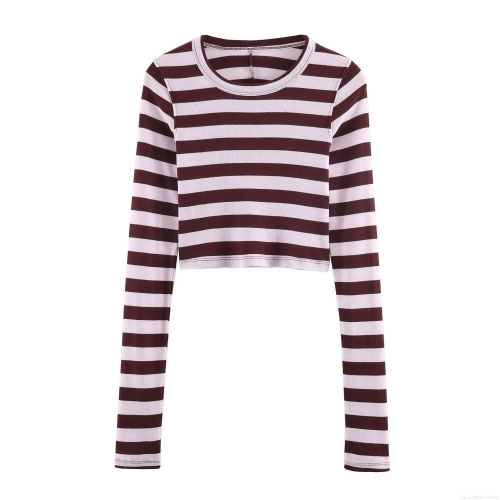 Women's Striped Knitted T-Shirt Polyester Round Neck Long Sleeve Crop Top Casual Loose Pullover Striped Sweater Top For Autumn Winter Daily Wear