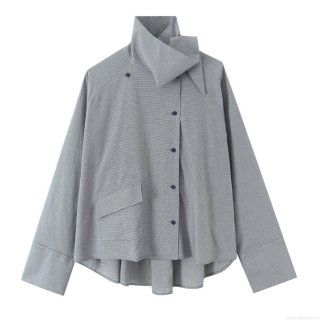 Women's Oversized Houndstooth Shirt Asymmetric Stand Collar Long Sleeve Plaid Blouse With Pocket Casual Loose Grey Top For Women Autumn Winter Fashion
