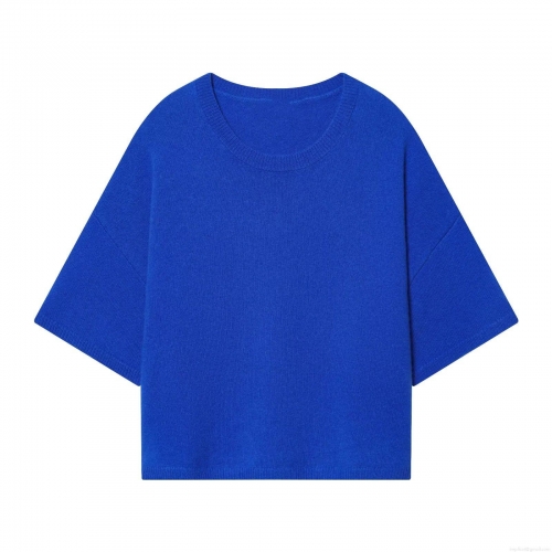 Women's Casual Round Neck Short Sleeve Knitted Sweater Minimalist Oversized Solid Color Royal Blue Polyester Soft Top For Daily Fashion Wear