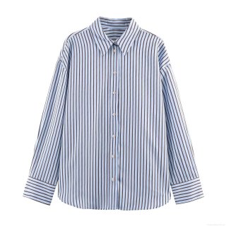 Women's Fashion Loose Striped Poplin Shirt Long Sleeve Turn-Down Collar Button Up Blouse For Daily Office Commute Casual Tops