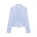 Women's Long Sleeve Shirred Blouse Sky Blue Polo Neck Ruched Button Up Shirt Fashion Sweet Casual Polyester Spandex Tops For Women