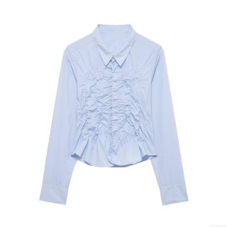 Women's Long Sleeve Shirred Blouse Sky Blue Polo Neck Ruched Button Up Shirt Fashion Sweet Casual Polyester Spandex Tops For Women